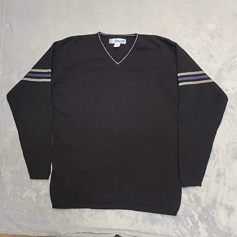 Utility Sweater Mens M Black V-Neck Lambswool Blend Striped Sleeve Pullover